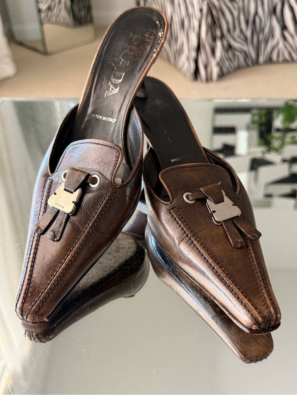 Prada Brown Leather Slip-On Mule Kitten Heels  with Silver Logo Metal Hardware